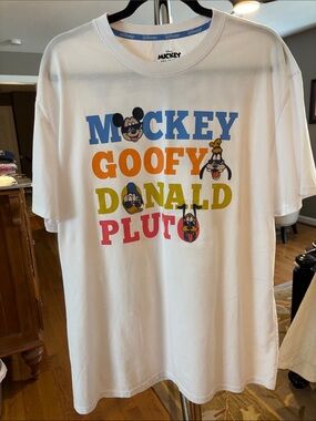 Disney White Tee with Colorful Mickey, Goofy, Donald & Pluto Letter Art